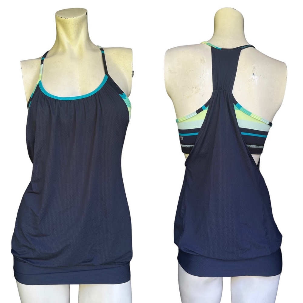 Lululemon "No Limits" Tank in Inkwell/Assorted Stripe Surge Bra & Cami Size 4